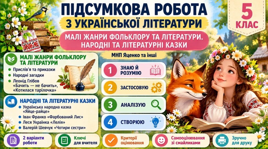 Головне зображення розробки: 5 клас. Підсумкова (діагностична) робота з укр. л-ри “МАЛІ ЖАНРИ ФОЛЬКЛОРУ ТА ЛІТЕРАТУРИ. НАРОДНІ ТА ЛІТЕРАТУРНІ КАЗКИ” МНП Яценко; БЕЗ ГР!!!! 2 варіа