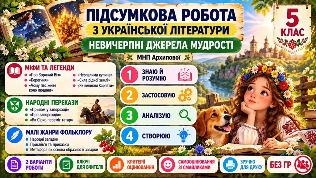Головне зображення розробки: 5 клас. Підсумкова (діагностична) робота з укр. л-ри “НЕВИЧЕРПНІ ДЖЕРЕЛА МУДРОСТІ” МНП Архипової; 2 варіанти; БЕЗ ГР!!!