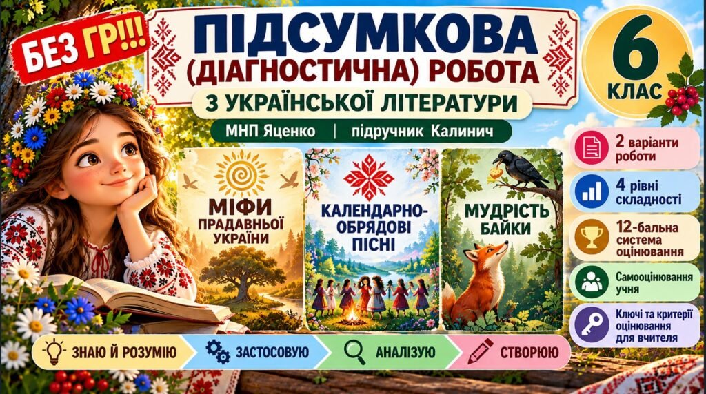 Головне зображення розробки: 6 клас. Підсумкова (діагностична) робота з укр. л-ри «Міфи пр. України. Календарно-обр. пісні. Байки» МНП Яценко; підр. Калинич; 2 вар; БЕЗ ГР!!!
