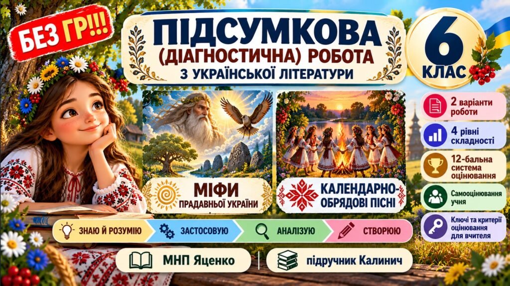 Головне зображення розробки: 6 клас. Підсумкова (діагностична) робота з укр. л-ри «Міфи прадавньої України. Календарно-обрядові пісні» МНП Яценко; підр. Калинич; 2 вар; БЕЗ ГР!!!