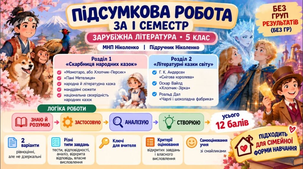 Головне зображення розробки: 5 клас. Підсумкова (діагностична) робота із заруб. л-ри ЗА І СЕМЕСТР; МНП Ніколенко; підручник Ніколенко; 2 варіанти; БЕЗ ГР!!!!!
