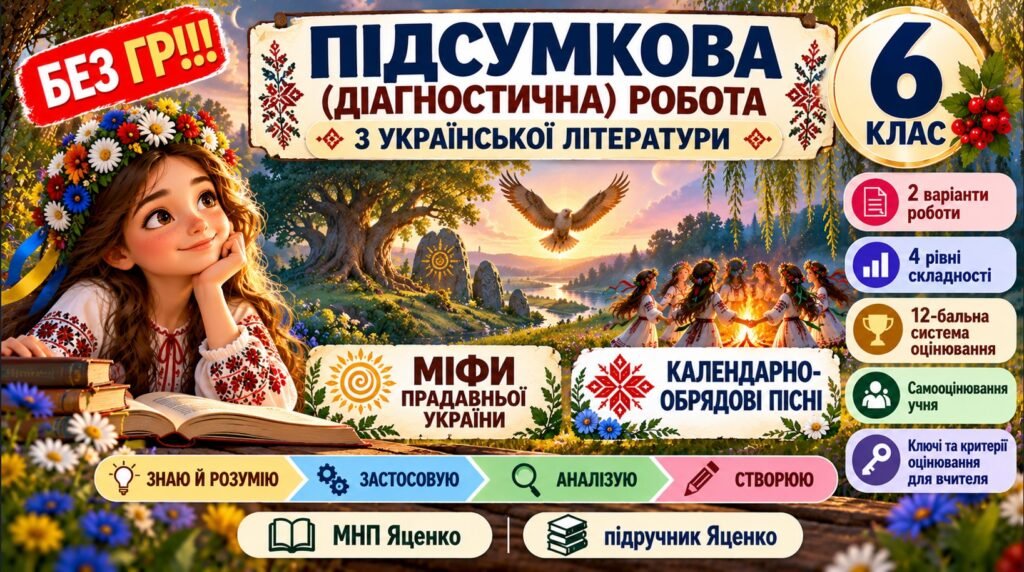 Головне зображення розробки: 6 клас. Підсумкова (діагностична) робота з укр. л-ри «Міфи прадавньої України. Календарно-обр. пісні» МНП Яценко; підр. Яценко; 2 вар; БЕЗ ГР!!!
