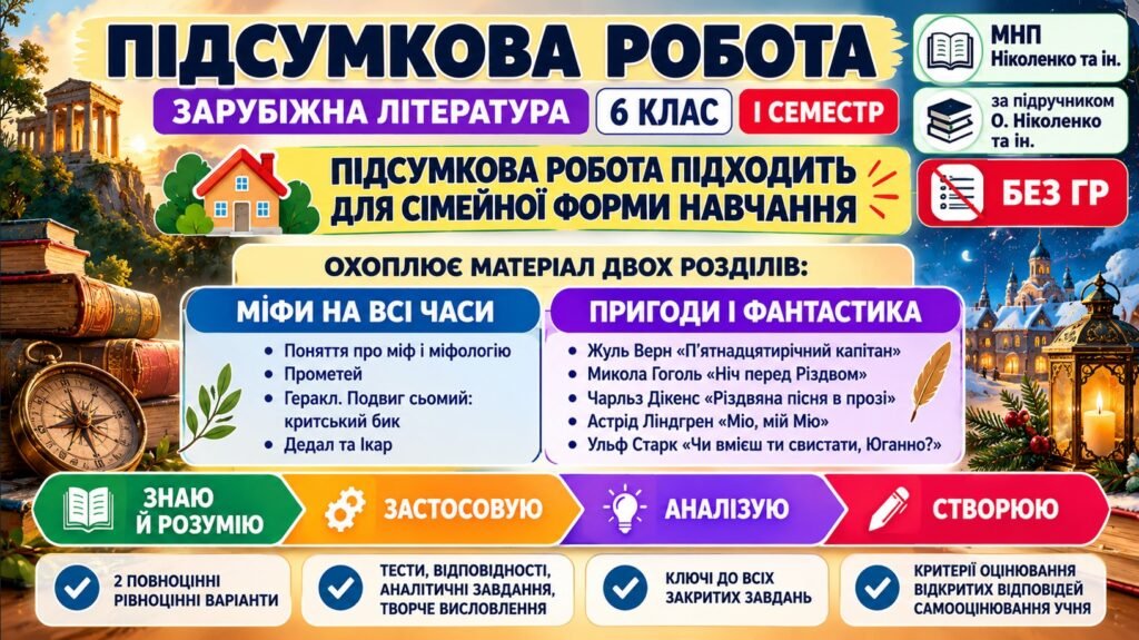 Головне зображення розробки: 6 клас. Підсумкова (діагностична) робота із заруб. л-ри ЗА І СЕМЕСТР; МНП Ніколенко; підручник Ніколенко; 2 варіанти; БЕЗ ГР!!!