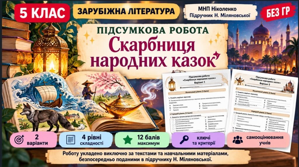 Головне зображення розробки: 5 клас. Підсумкова (діагностична) робота із заруб. л-ри “Скарбниця народних казок”; МНП Ніколенко; підручник Міляновської; 2 варіанти; БЕЗ ГР!!!