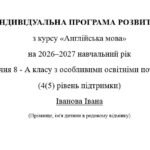Індивідуальна програма розвитку з англійської мови для 8 класу 3 год/тиждень(ООП, 4-5 рівень підтримки, за підручником О. Карпюк) Модифікація