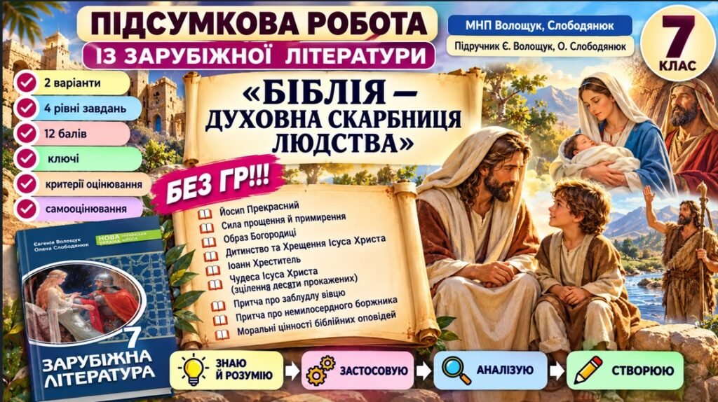 Головне зображення розробки: 7 клас. Підсумкова (діагностична) робота із заруб. л-ри “Біблія – духовна скарбниця людства”; МНП Волощук, підручник Волощук; 2 варіанти; БЕЗ ГР!!!