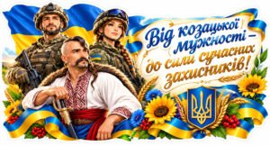 1 жовтня. ПЛАКАТ ДО ДНЯ ЗАХИСНИКІВ І ЗАХИСНИЦЬ УКРАЇНИ «Від козацької мужності — до сили сучасних захисників!»