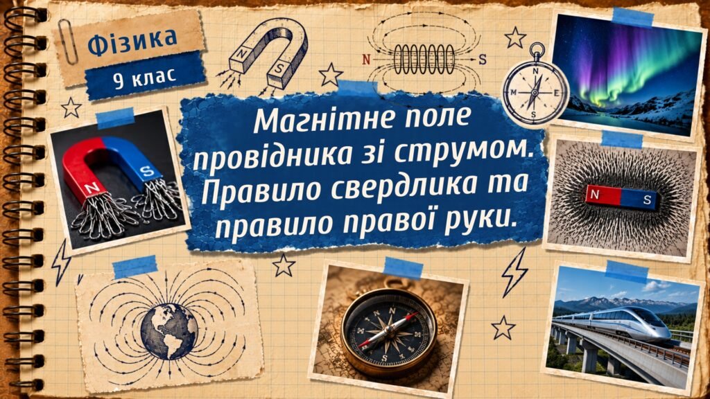 Головне зображення розробки: Фізика 9 (НУШ). Магнітне поле провідника зі струмом. Правило свердлика та правило правої руки.
