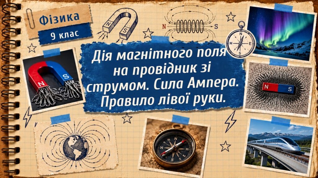 Головне зображення розробки: Фізика 9 (НУШ). Дія магнітного поля на провідник зі струмом. Сила Ампера. Правило лівої руки.