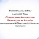 Діагностувальна робота з геометрії 8 клас “Чотирикутник, його елементи. Паралелограм та його види” за програмою О.Істера, Н.Тарасенкової, А. Мерзляка.