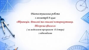 Діагностувальна робота з геометрії 8 клас “Трапеція. Вписані та описані чотирикутники. Теорема Фалеса” з відповідями за програмою О.Істера