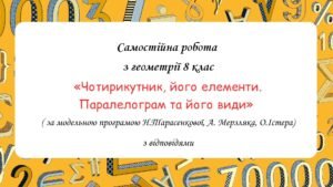 Самостійна робота з геометрії 8 клас «Чотирикутник, його елементи. Паралелограм та його види» за програмою О.Істера, Н.Тарасенкової, А. Мерзляка