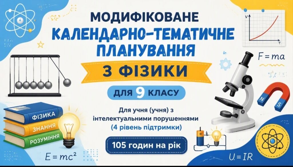 Головне зображення розробки: МОДИФІКОВАНЕ КАЛЕНДАРНО-ТЕМАТИЧНЕ ПЛАНУВАННЯ З ФІЗИКИ ДЛЯ 9 КЛАСУ Для учня (учня) з інтелектуальними порушеннями (4 рівень підтримки) 105 годин на рік