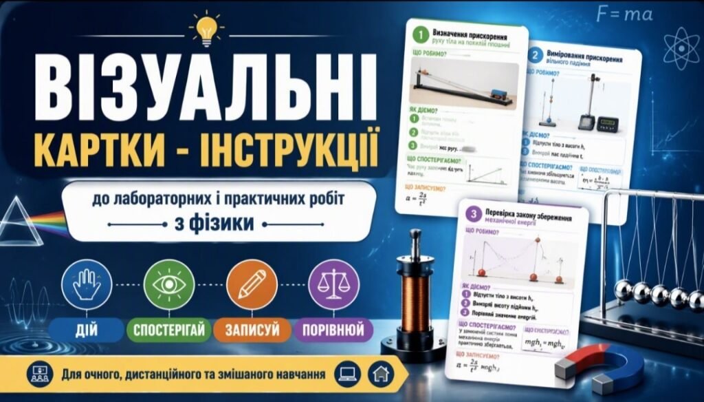 Головне зображення розробки: ВІЗУАЛЬНІ КАРТКИ – ІНСТРУКЦІЇ до лабораторних і практичних робіт з фізики ДІЙ, СПОСТЕРІГАЙ, ЗАПИСУЙ, ПОРІВНЮЙ. Для очного, дистанційного та змішаного