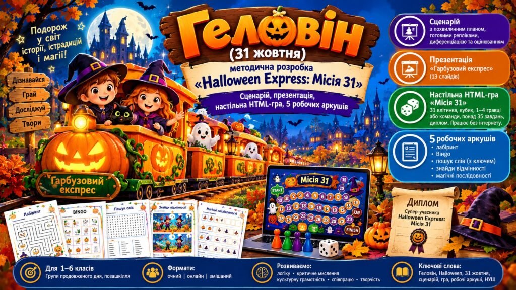 Головне зображення розробки: Геловін (31 жовтня): методична розробка «Halloween Express: Місія 31». Сценарій, презентація, настільна HTML-гра, 5 робочих аркушів