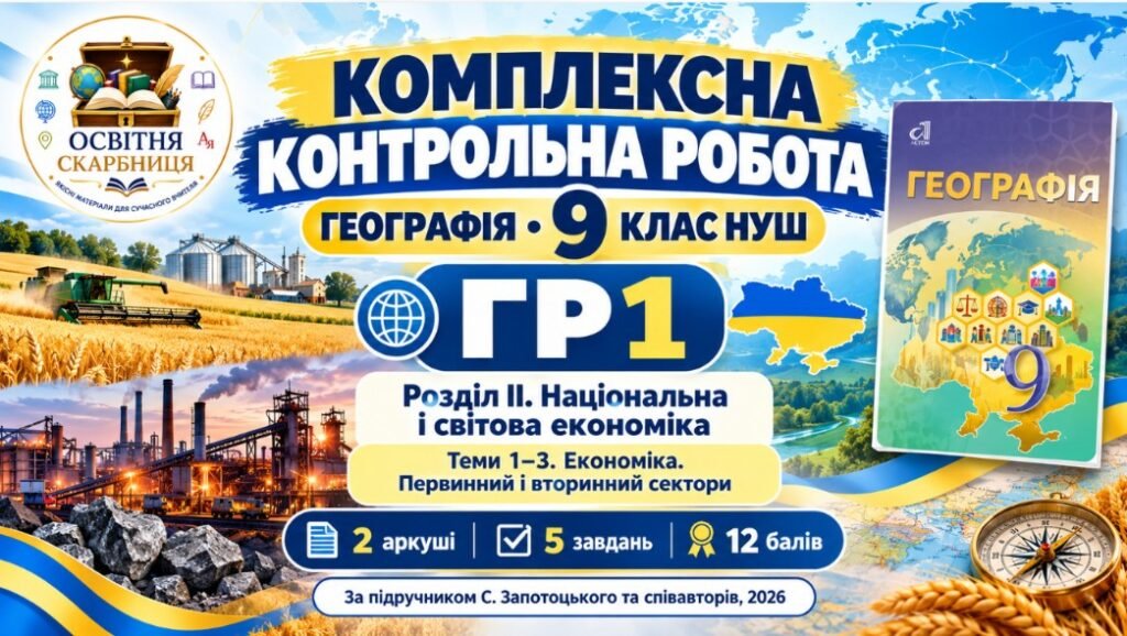Головне зображення розробки: Географія 9 клас НУШ | Комплексна контрольна робота ГР1 | Розділ ІІ «Національна і світова економіка» | Теми 1–3 «Економіка. Первинний і вторинний сек