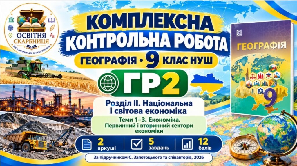 Головне зображення розробки: Географія 9 клас НУШ | Комплексна контрольна робота ГР2 | Розділ ІІ «Національна і світова економіка» | Теми 1–3. Первинний і вторинний сектори економ