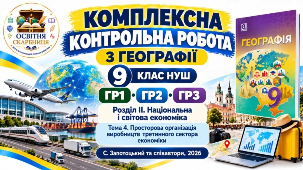 Головне зображення розробки: Географія 9 клас НУШ | Комплексна контрольна робота ГР1, ГР2, ГР3 | Розділ ІІ «Національна і світова економіка» | Тема 4 «Просторова організація вироб