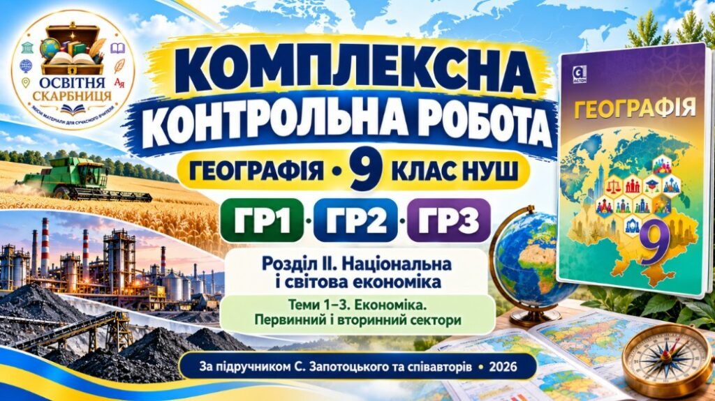 Головне зображення розробки: Географія 9 клас НУШ | Комплексна контрольна робота за ГР1, ГР2, ГР3 | Розділ ІІ «Національна і світова економіка» | Теми 1–3 «Економіка. Первинний і