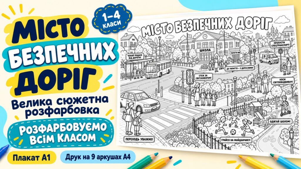 Головне зображення розробки: Велика розмальовка «Дорожня грамотність в умовах війни: свідомість, увага, безпека»