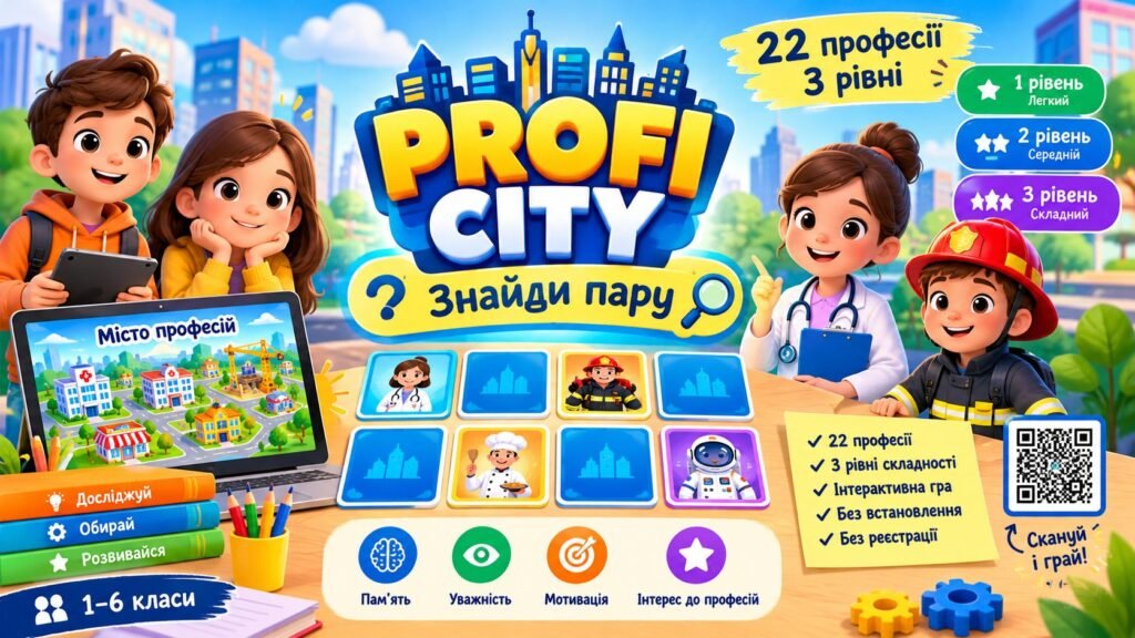 Головне зображення розробки: Інтерактивна гра «PROFI CITY — Знайди пару»: 22 професії, 3 рівні (профорієнтація, 1–6 класи) + презентація