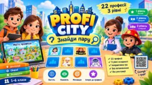 Інтерактивна гра «PROFI CITY — Знайди пару»: 22 професії, 3 рівні (профорієнтація, 1–6 класи) + презентація