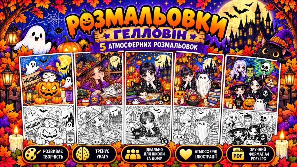 Головне зображення розробки: 🎃 Розмальовки до Гелловіну (Halloween) — 5 мегарозмальовок на 9 аркушів А4 та формат А4
