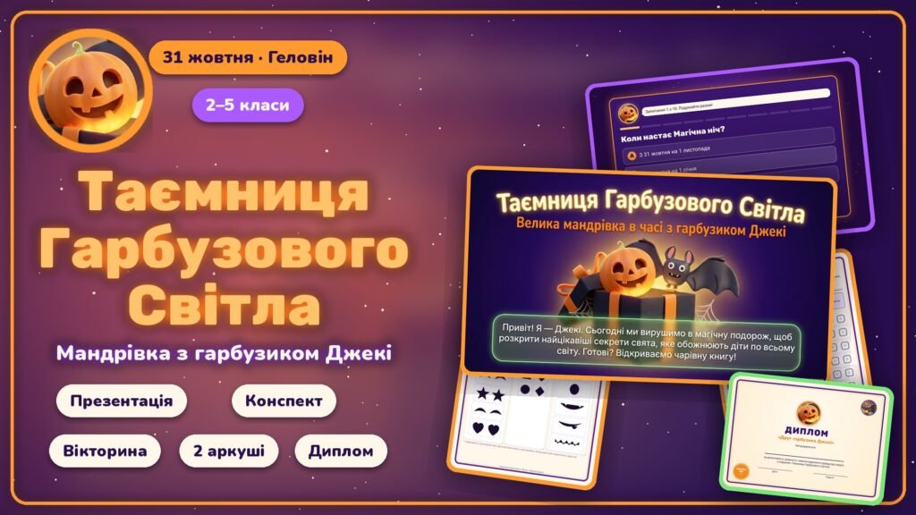 Головне зображення розробки: Геловін (31 жовтня): комплект «Таємниця Гарбузового Світла» з гарбузиком Джекі. Презентація, конспект, інтерактивна вікторина, робочі аркуші, диплом (