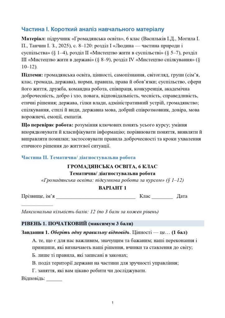 Головне зображення розробки: Тематична/діагностувальна робота за рік/екстернат 6 клас Громадянська освіта мнп І.Васильків
