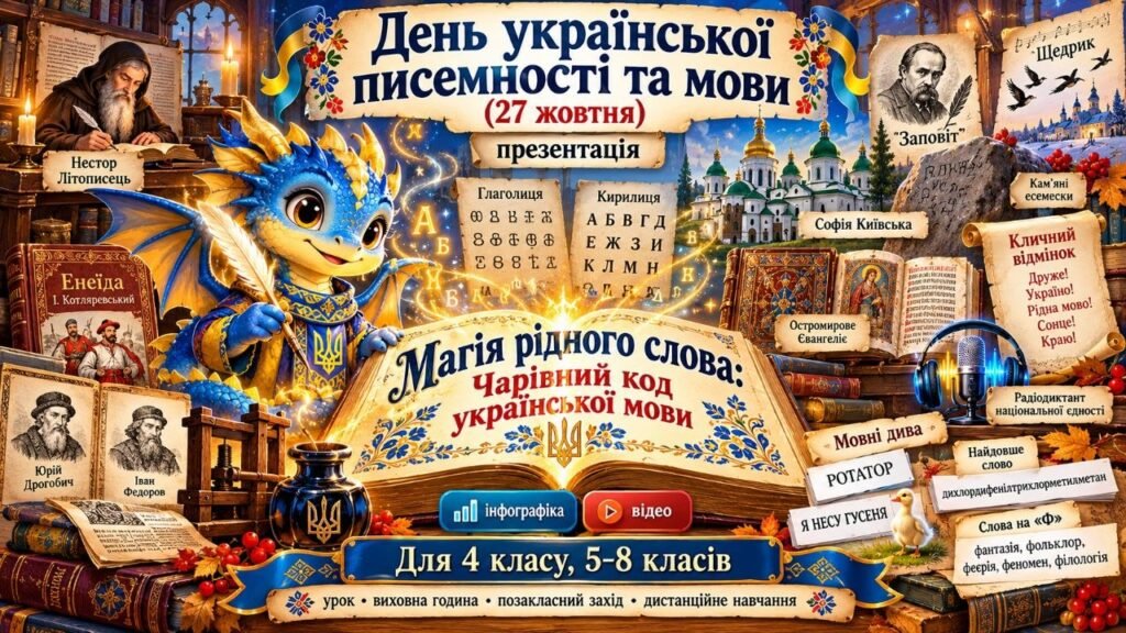 Головне зображення розробки: День української писемності та мови (27 жовтня): презентація «Магія рідного слова: Чарівний код української мови» + інфографіка + відео