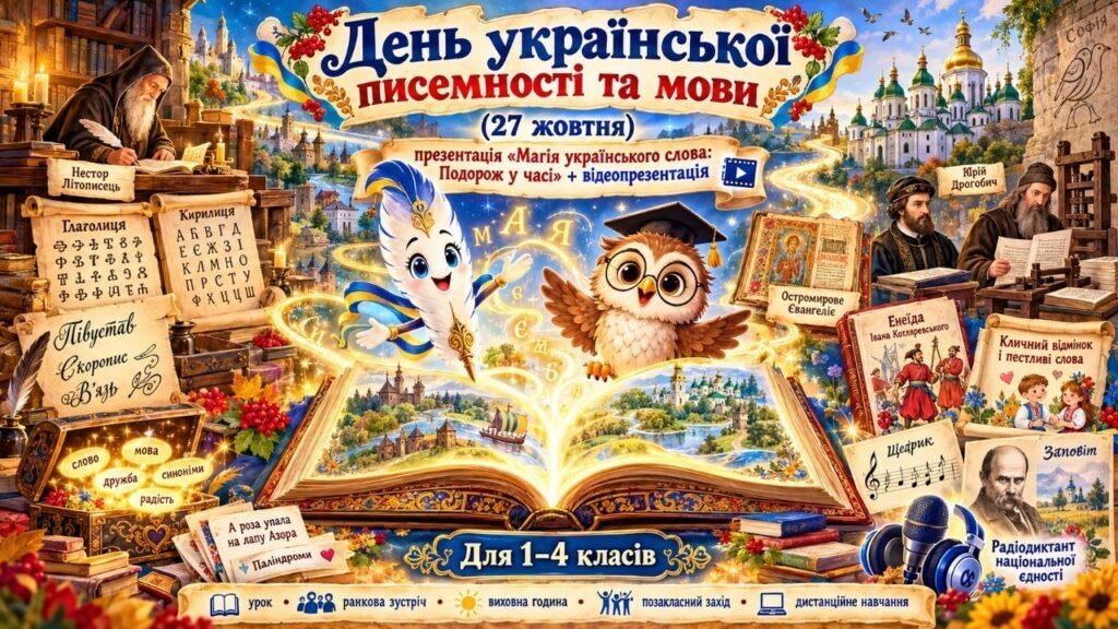 Головне зображення розробки: День української писемності та мови (27 жовтня): презентація «Магія українського слова: Подорож у часі» + відеопрезентація