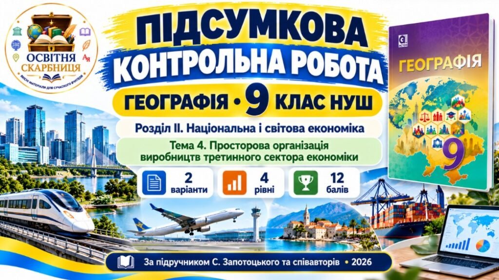 Головне зображення розробки: Географія 9 клас НУШ | Підсумкова контрольна робота | Розділ ІІ «Національна і світова економіка» | Тема 4 «Просторова організація виробництв третинно
