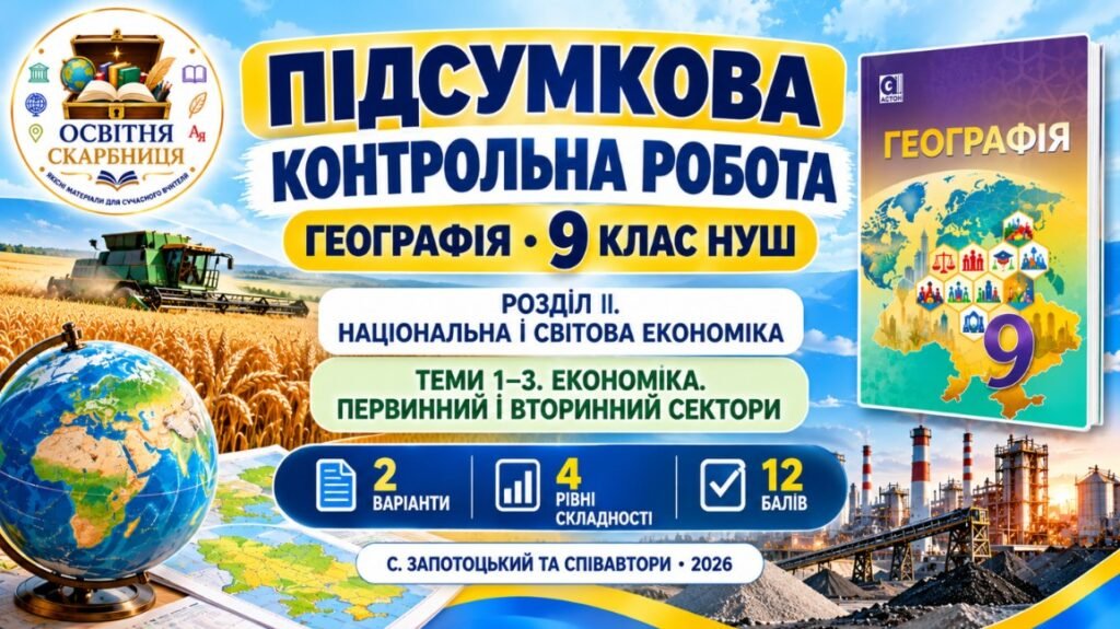 Головне зображення розробки: Підсумкова контрольна робота з географії | 9 клас НУШ | Розділ ІІ «Національна і світова економіка» | Теми 1–3 «Економіка. Первинний і вторинний секто