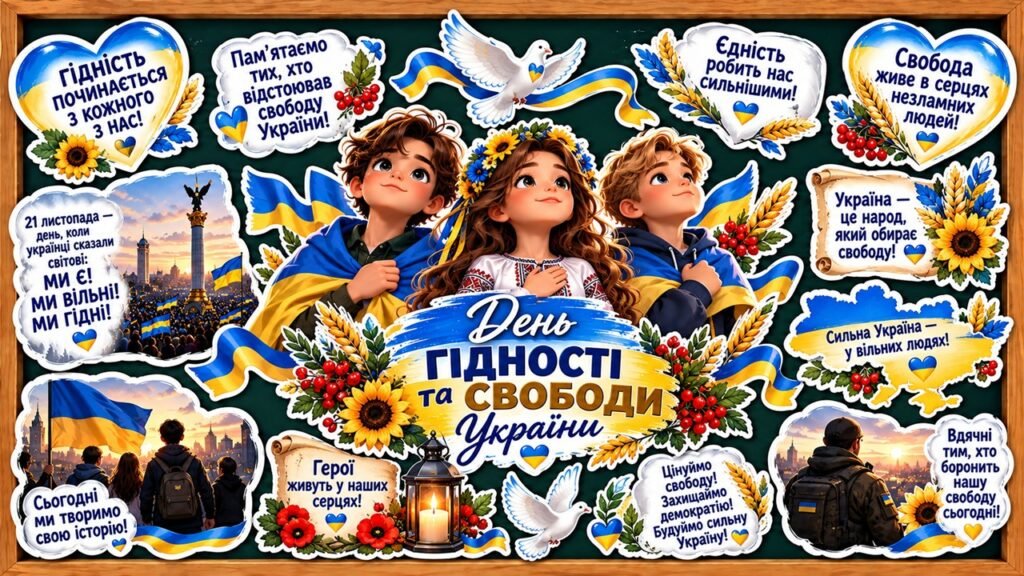 Головне зображення розробки: 🇺🇦💙💛 ОФОРМЛЕННЯ ДОШКИ ДО ДНЯ ГІДНОСТІ ТА СВОБОДИ УКРАЇНИ 💛💙🇺🇦