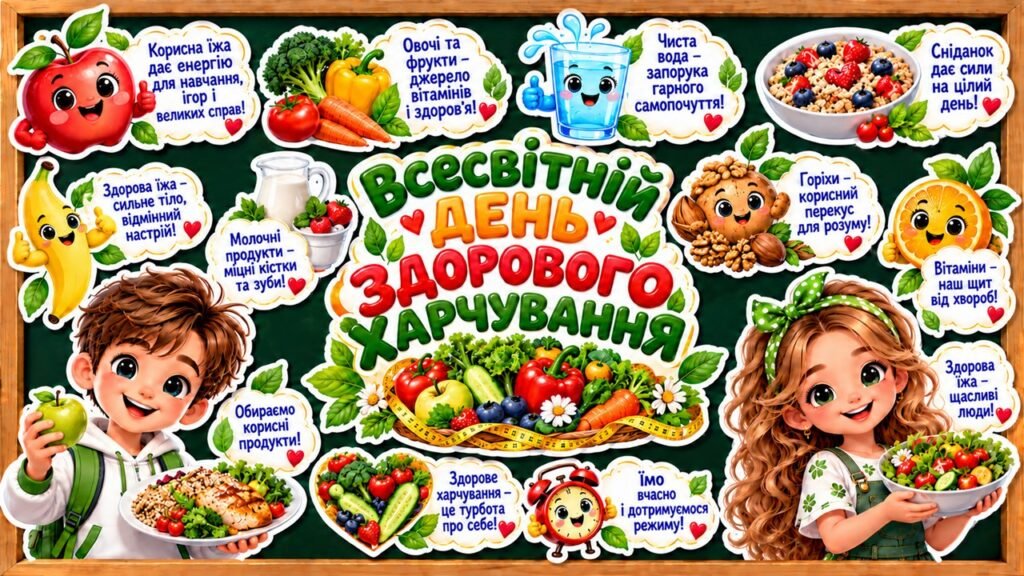 Головне зображення розробки: 🥗🍎 СТИЛЬНЕ ОФОРМЛЕННЯ ДОШКИ ДО ДНЯ ЗДОРОВОГО ХАРЧУВАННЯ! 🍎🥦