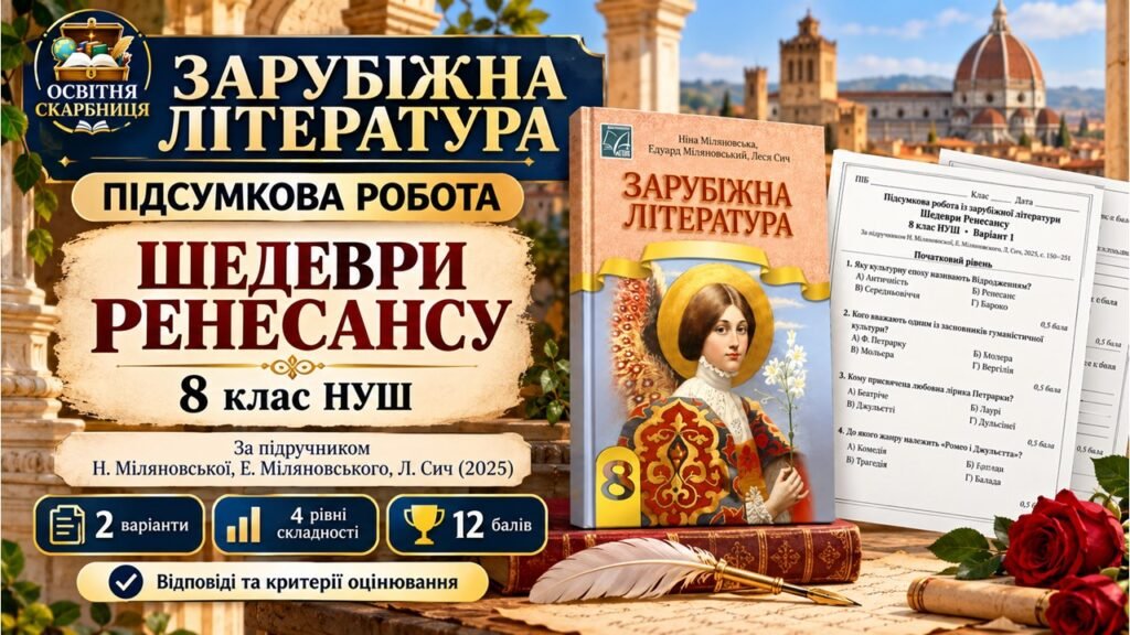 Головне зображення розробки: Підсумкова робота із зарубіжної літератури «Шедеври Ренесансу» 8 клас НУШ. Підручник: Н.Міляновська (Без ГР)