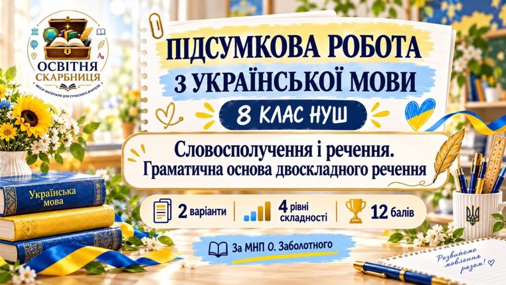 Головне зображення розробки: Підсумкова робота з української мови. 8 клас НУШ. Словосполучення і речення. Граматична основа двоскладного речення. 2 варіанти. МНП О. Заболотного (Б