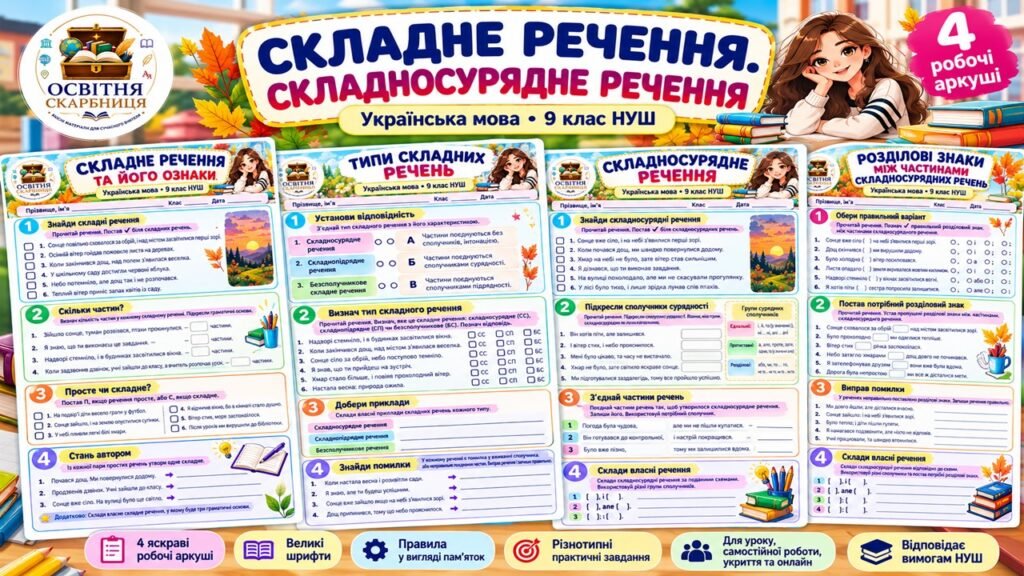 Головне зображення розробки: Комплект робочих аркушів «Складне речення. Складносурядне речення» | Українська мова 9 клас НУШ | 4 аркуші