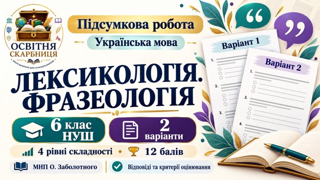 Головне зображення розробки: Підсумкова робота «Лексикологія. Фразеологія» для 6 класу НУШ за МНП О. Заболотного
