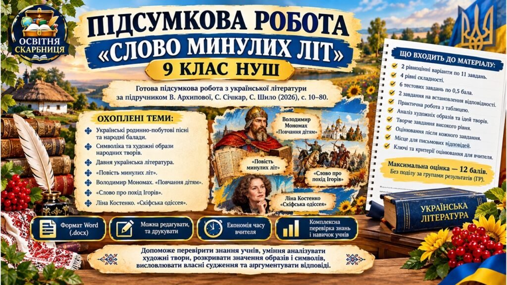 Головне зображення розробки: ПІДСУМКОВА РОБОТА «СЛОВО МИНУЛИХ ЛІТ». 9 КЛАС НУШ. Підручник: В.Архипова (Без ГР)