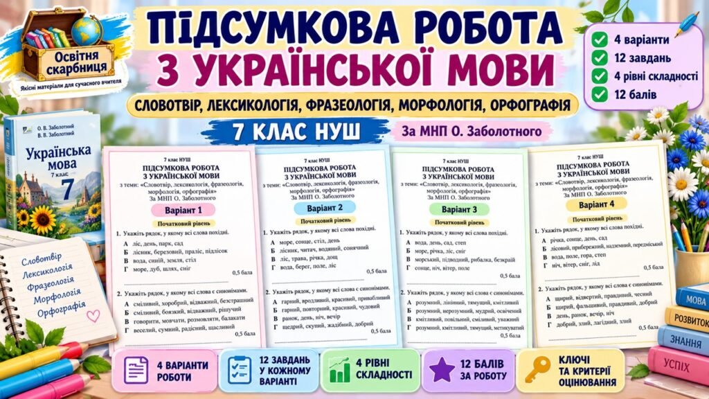 Головне зображення розробки: Підсумкова робота з укр. мови. 7 клас НУШ. «Повторення вивченого в 6 класі. Словотвір, лексикологія, фразеологія, морфологія, орфографія» 4 варіанти +