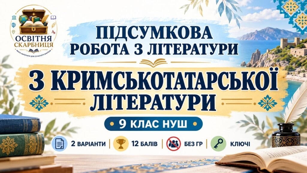 Головне зображення розробки: ПІДСУМКОВА РОБОТА З ЛІТЕРАТУРИ (УКРАЇНСЬКОЇ ТА ЗАРУБІЖНОЇ) 9 клас НУШ Тема: «З кримськотатарської літератури». За підручником: Т. Яценко