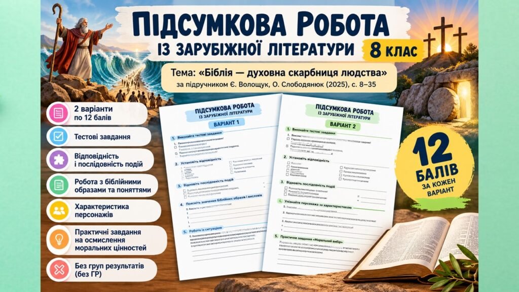 Головне зображення розробки: Підсумкова робота із зар літ (8 клас НУШ) з теми «Біблія — духовна скарбниця людства». Підручник Є. Волощук. Без ГР