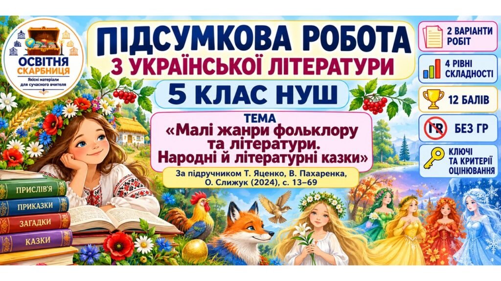 Головне зображення розробки: Підсумкова робота з української літератури. 5 клас НУШ. «Малі жанри фольклору та літератури. Народні й літературні казки». Підручник: Яценко