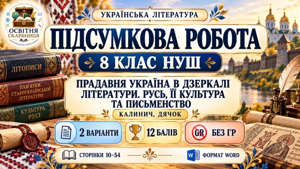 Головне зображення розробки: Підсумкова робота з української літератури. 8 клас НУШ. Тема: «Прадавня Україна в дзеркалі літератури. Русь, її культура та письменство». Підручник: