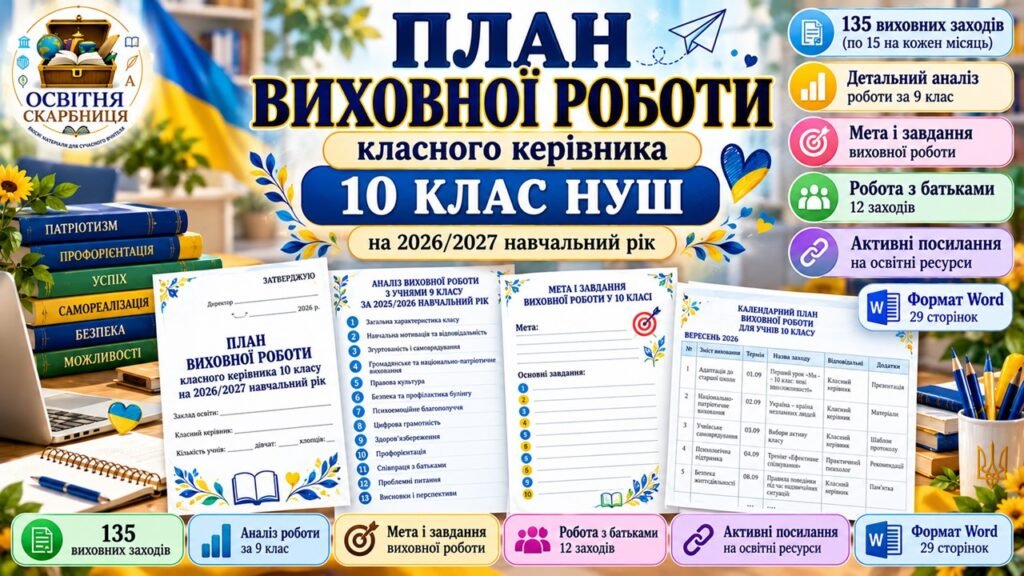 Головне зображення розробки: План виховної роботи класного керівника 10 класу на 2026/2027 навчальний рік | 135 заходів | Аналіз роботи за 9 клас | Активні посилання
