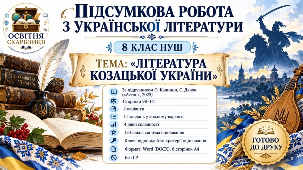 Головне зображення розробки: ПІДСУМКОВА РОБОТА З УКРАЇНСЬКОЇ ЛІТЕРАТУРИ — 8 КЛАС НУШ Тема: «Література козацької України». Підручник: О.Калинич
