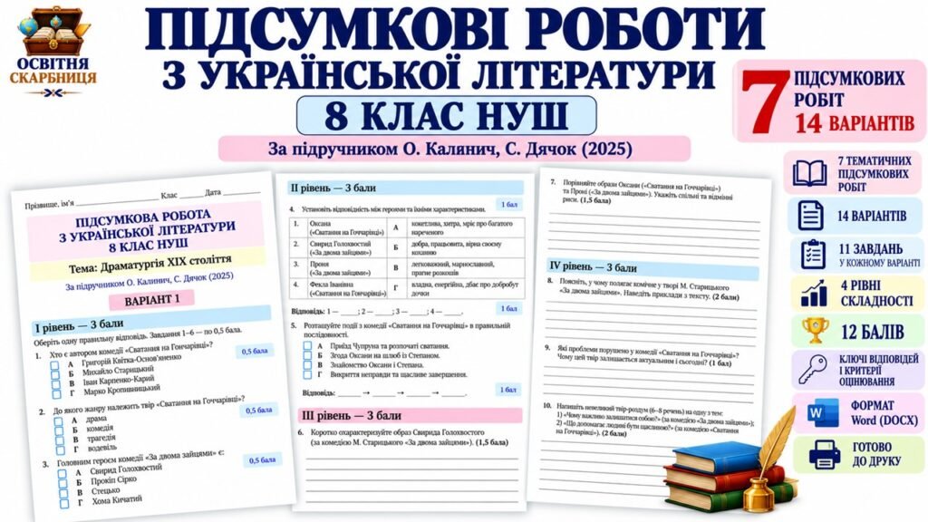 Головне зображення розробки: КОМПЛЕКТ ПІДСУМКОВИХ РОБІТ З УКРАЇНСЬКОЇ ЛІТЕРАТУРИ — 8 КЛАС НУШ. За підручником О. Калинич