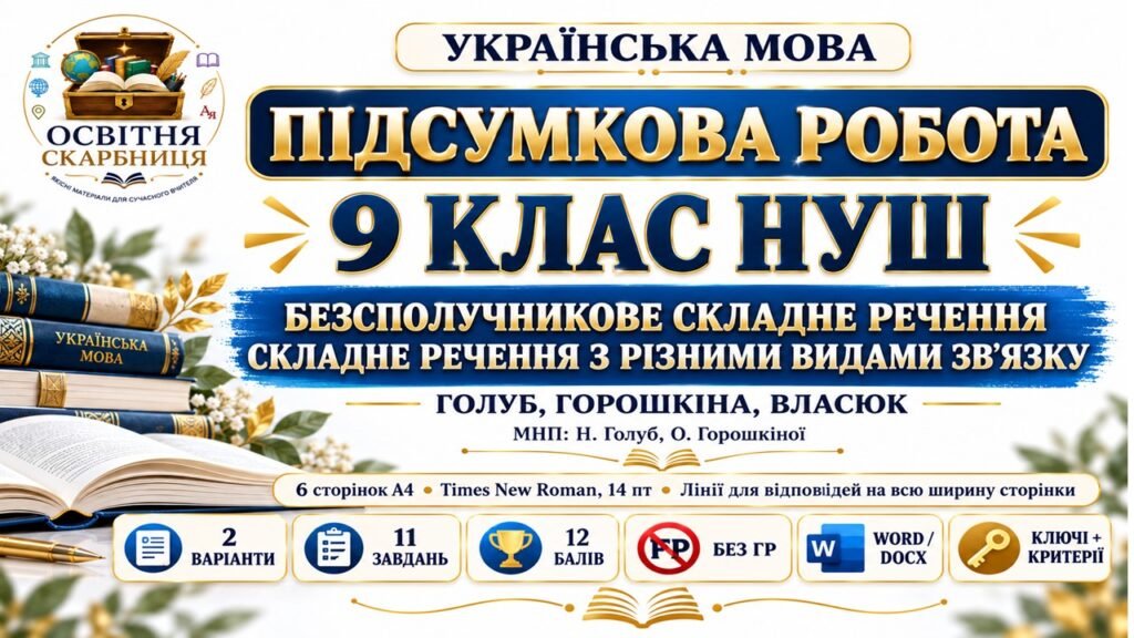 Головне зображення розробки: ПІДСУМКОВА РОБОТА З УКРАЇНСЬКОЇ МОВИ — 9 КЛАС НУШ. Тема: «Безсполучникове складне речення. Складне речення з різними видами зв’язку». МНП: Н. Голуб, О