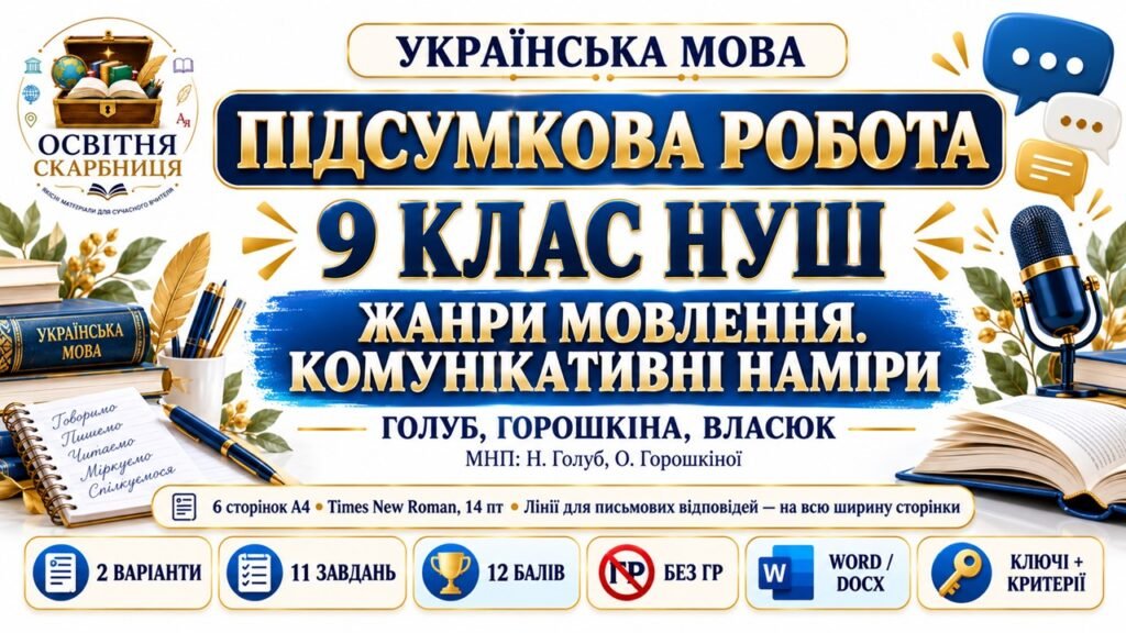 Головне зображення розробки: ПІДСУМКОВА РОБОТА З УКРАЇНСЬКОЇ МОВИ — 9 КЛАС НУШ. Тема: «Жанри мовлення. Комунікативні наміри». МНП: Н. Голуб, О. Горошкіна